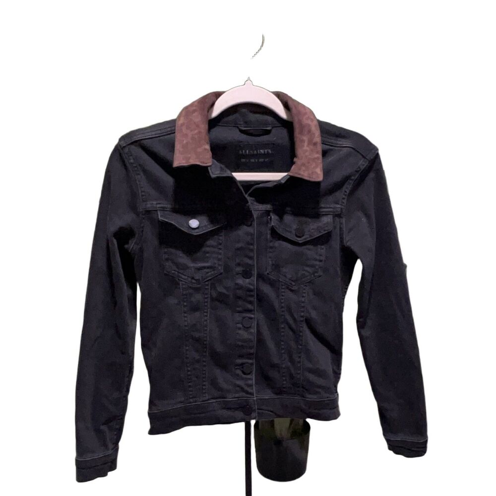 ALLSAINTS Elena Denim Jacket Women US 0 Black Cotton Blend Button Collared